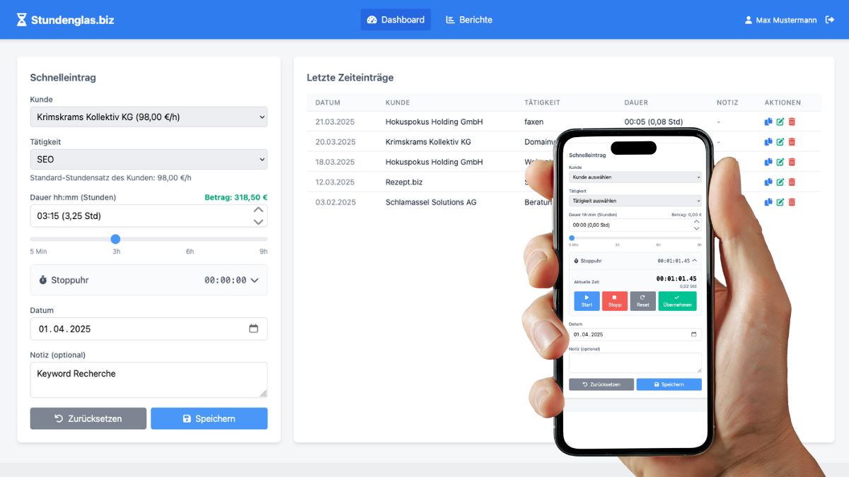 App für Zeiterfassung + Stundenglas Dashboard